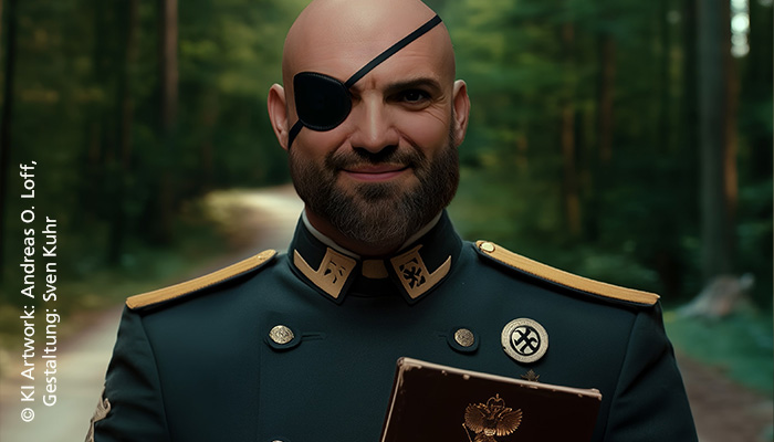 KI generiertes Bild eines Mannes mit Glatze und Augenklappe in Uniform.